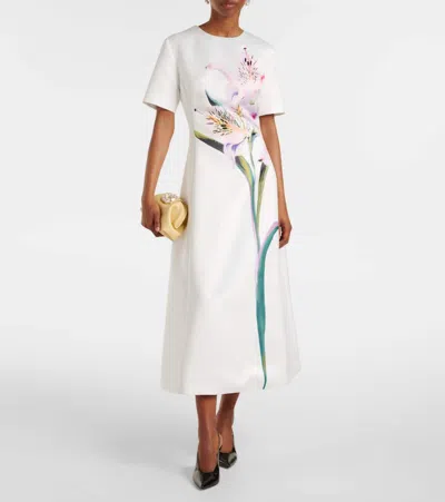 Leo Lin Satin Floral Caroline Midi Dress In White