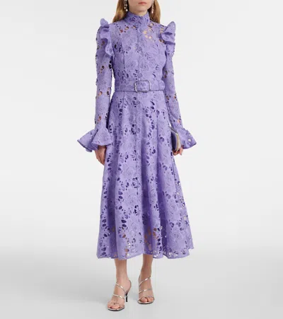 Leo Lin Aliyah Floral Ruffled Lace Midi Dress In Purple