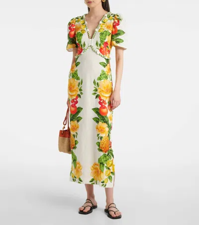Farm Rio Off-white Picnic Flowers Euroflax Premium Linen Maxi Dress