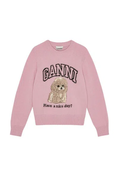Ganni Womens Chalk Pink Poodle Logo-motif Wool-blend Knit Jumper Xs In Pink