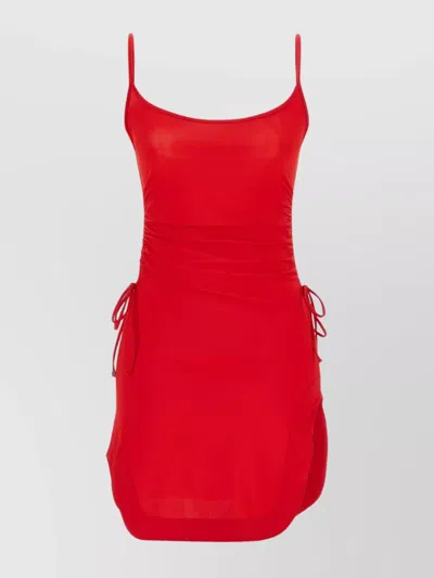 Attico Mini Length Ruched Detailing Side Slit Strappy Beach Cover Up In Red