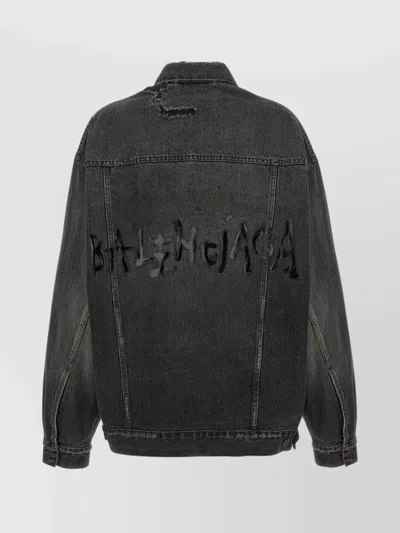Balenciaga Distressed Denim Jacket With Collar And Pockets In Black