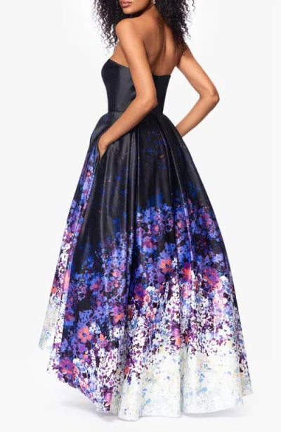 Betsy & Adam Ombré Floral Strapless High Low Ball Gown In Blue
