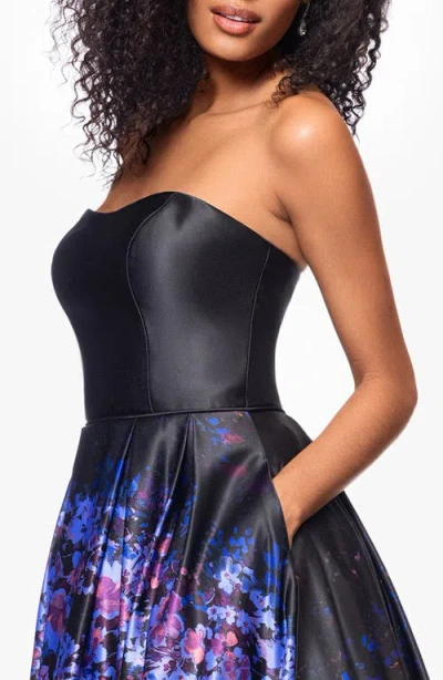 Betsy & Adam Ombré Floral Strapless High Low Ball Gown In Blue