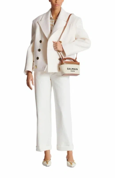 Balmain Structured Canvas Bag With Leather Handle And Logo