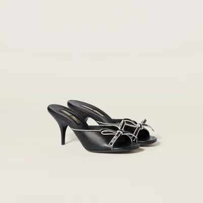 Miu Miu Lamb Leather Slippers Bow Open Toe Stiletto In Black