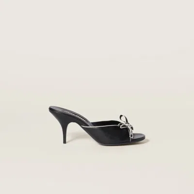 Miu Miu Lamb Leather Slippers Bow Open Toe Stiletto In Black