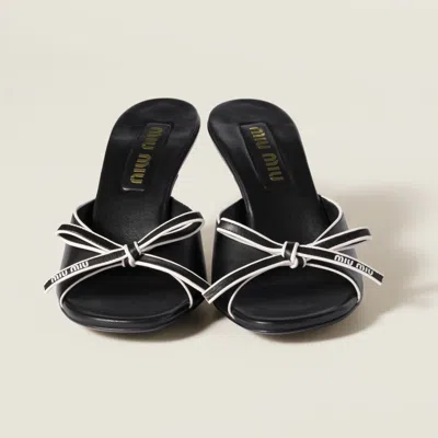 Miu Miu Lamb Leather Slippers Bow Open Toe Stiletto In Black