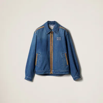 Miu Miu Denim And Leather Blouson Jacket In Blue