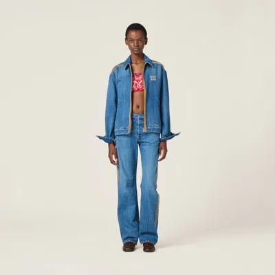 Miu Miu Denim And Leather Blouson Jacket In Blue