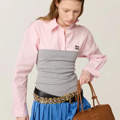 Miu Miu Pleated Two-tone Mini Skirt With Poplin And Jersey In Gray