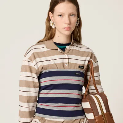 Miu Miu Embroidered Cotton Polo Shirt In Neutral