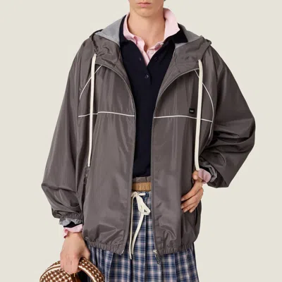 Miu Miu Technical Silk Zipper Blouson Jacket In Gray