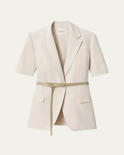 Lafayette 148 Silk Linen Belted Short Sleeve Fitted Jacket In Pearl