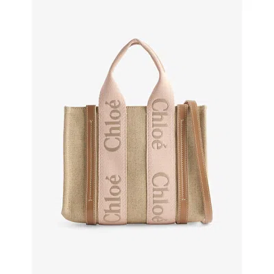 Chloé Small Woody Beige Tote Bag With Logo Detail In Linen Woman