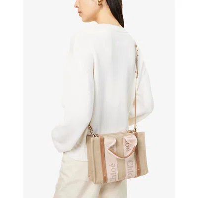 Chloé Small Woody Beige Tote Bag With Logo Detail In Linen Woman