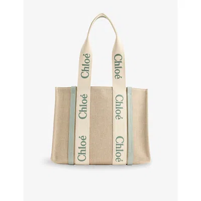Chloé Womens Woody Medium Linen Tote Bag Bluish Green