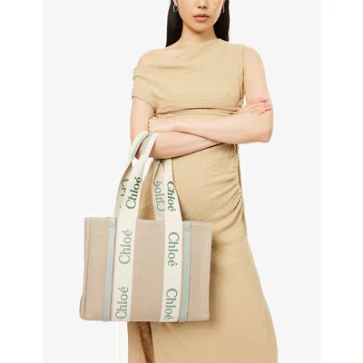 Chloé Womens Woody Medium Linen Tote Bag Bluish Green