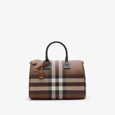 Burberry Womens Dark Birch Brown Chk Check-print Mini Woven And Leather Top-handle Bowling Bag