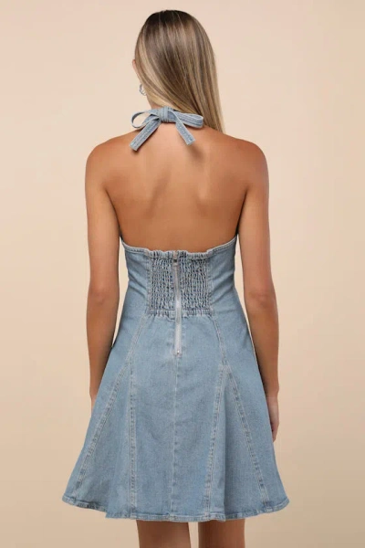 Steve Madden Malia Light Wash Halter Skater Mini Dress In Blue