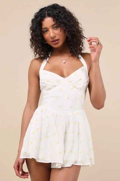 Lulus Arlette White Lemon Embroidered Halter Romper In Animal Print