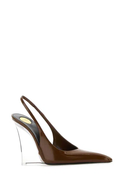 Saint Laurent Miller Brown Slingback Pumps With High Wedge Heel In Patent Leather Woman