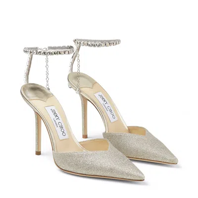 Jimmy Choo Saeda Glitter Crystal Ankle Strap Pointed Toe Pump In Silver