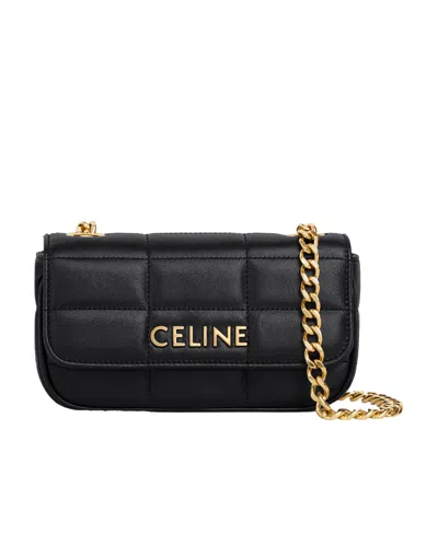 Celine Mini Shoulder Chain Matelasse Monochrome  In Quilted Calfskin In Black