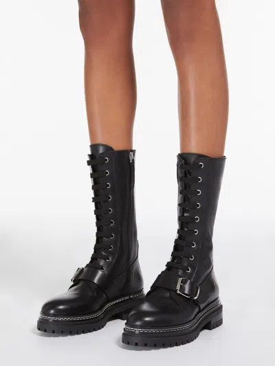 Weekend Max Mara Round-toe Low-heel Leather Boots In Black