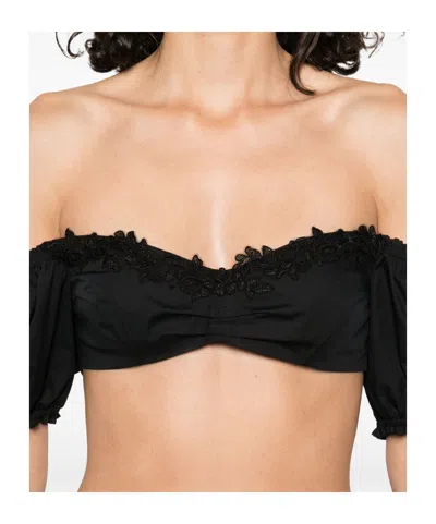 Ermanno Scervino Lace Detail Cropped Cotton Top In Black
