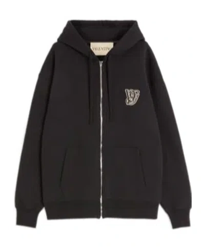 Valentino Logoed Cotton Hoodie Kangaroo Pockets In Black