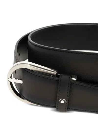 Montblanc Horseshoe Shiny Palladium Finish Pin Buckle Belt In Black