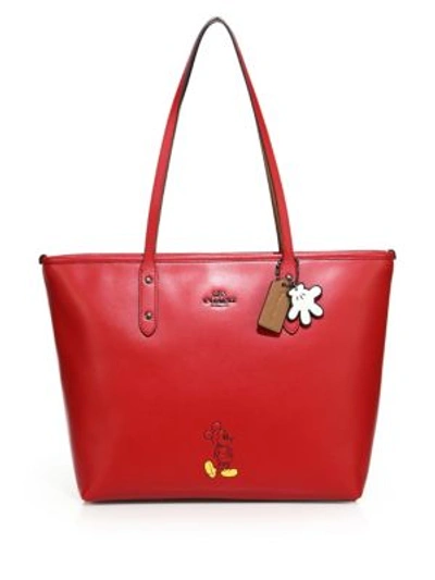 Coach Mickey Mouse Refined Calf Leather Tote In Red
