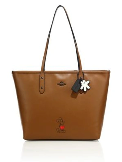 Coach Mickey Mouse Refined Calf Leather Tote In Saddle
