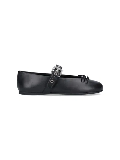 Miu Miu Leather Ballerinas With Bow Detail And Textured Finish In Black