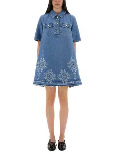 Ganni Denim Dress With Embroidered Hem And Pockets In Blue