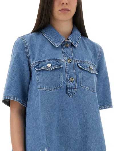 Ganni Denim Dress With Embroidered Hem And Pockets In Blue