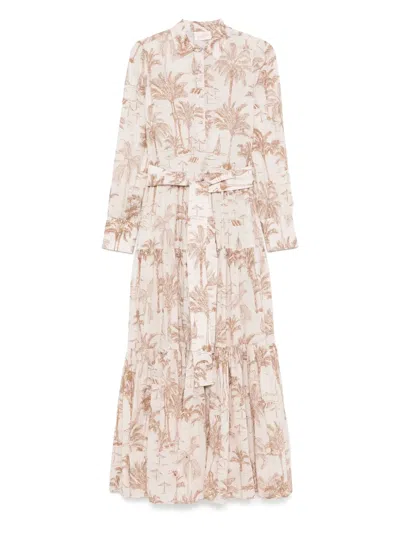 Mc2 Saint Barth Belted Waist Maxi Dress With Buttoned Cuffs And Palm Tree Print In White