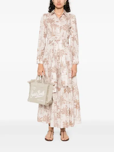 Mc2 Saint Barth Belted Waist Maxi Dress With Buttoned Cuffs And Palm Tree Print In White