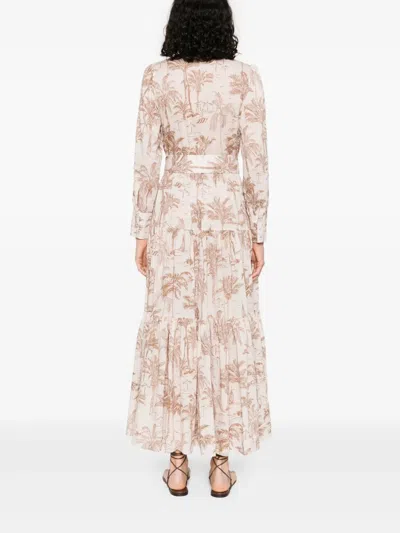 Mc2 Saint Barth Belted Waist Maxi Dress With Buttoned Cuffs And Palm Tree Print In White