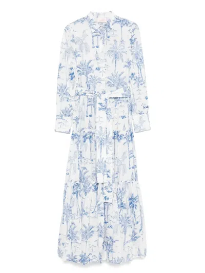 Mc2 Saint Barth Tropical Print Maxi Dress With Front Button Fastening And Belted Waist In Blue