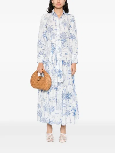 Mc2 Saint Barth Tropical Print Maxi Dress With Front Button Fastening And Belted Waist In Blue