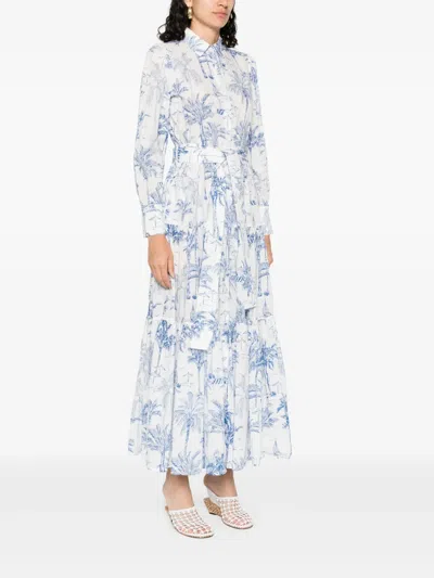 Mc2 Saint Barth Tropical Print Maxi Dress With Front Button Fastening And Belted Waist In Blue