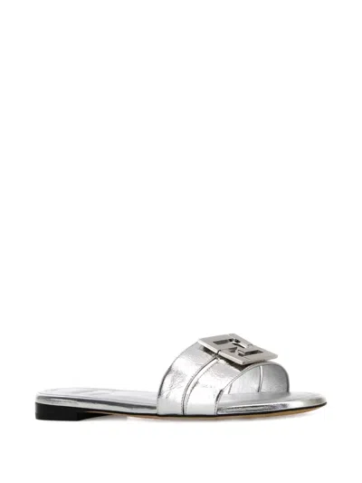 Fendi Ffold Metallic Leather Sandals In Silver