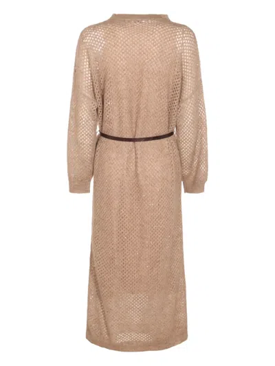 Brunello Cucinelli Hazelnut Color Midi Dress With Waist Belt