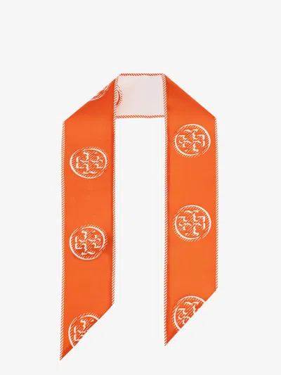 Tory Burch Medallion Logo Ribbon Silk Tie In Orange