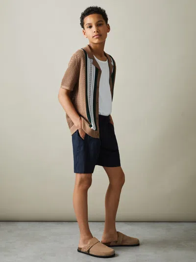 Reiss Camel/green 9-13 Yrs Embroidered Cuban Collar Shirt