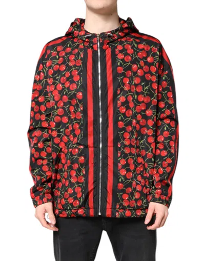 Dolce & Gabbana Black Cherry Print Hooded Windbreaker Jacket In Multi