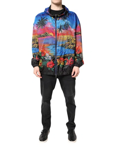 Dolce & Gabbana Multicolor Print Hooded Windbreaker Jacket In Blue