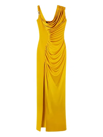 Versace Orange Sleeveless Long Dress With Medusa Plaque On The Front Draping In Yellow